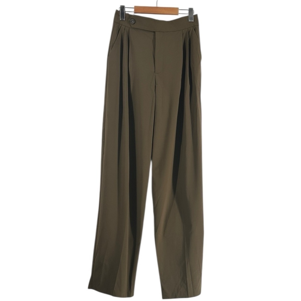 Zara loose fit trousers olive green pleated pants career business sz sm